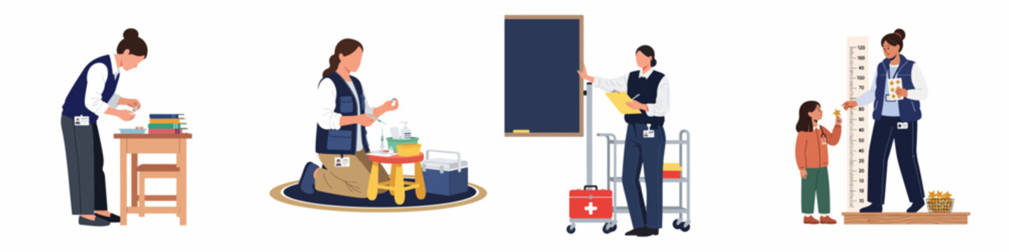 Vector illustrations set showing a school nurse performing various medical tasks like vaccinations, health checkups, measuring height, and organizing classroom first aid supplies.