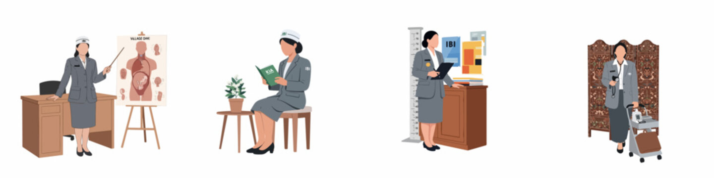 Set of flat illustrations depicting an Indonesian midwife in various professional activities, including teaching, reading KIA books, recording data, and transporting medical equipment.