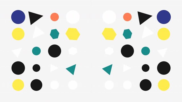 Symmetrical geometric abstract design featuring colorful circles, triangles, hexagons, and semi-circles on a white background