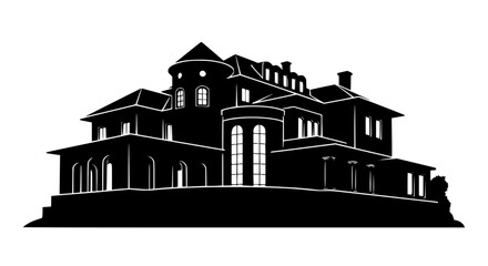 Naklejka premium Black and white silhouette of a luxury mansion estate house vector illustration