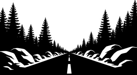 Fototapeta premium Black and white road through a pine forest landscape vector illustration
