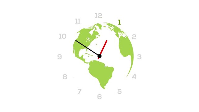 Animated design of an analog clock with a world map in green on a white background