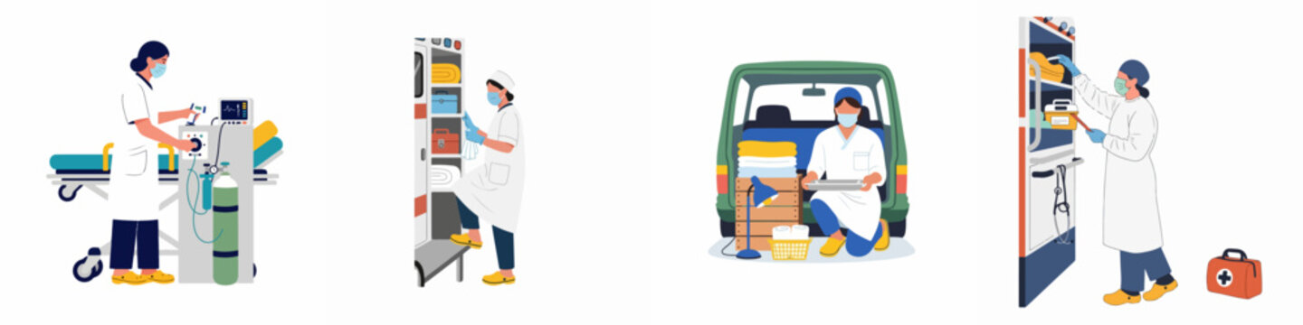 Collection of flat vector illustrations featuring healthcare professionals and paramedics performing various tasks in hospital and emergency settings.