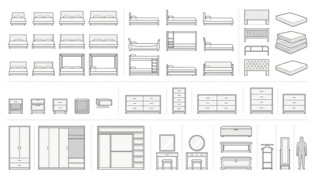Bedroom Furniture and Storage Vector Icon Set &ndash; Clean Minimalist Grid of Beds, Wardrobes, Nightstands, and Dressers
