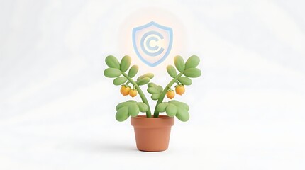 Obraz premium A small potted plant with yellow berries and green leaves, under a glowing shield icon with a 'C', symbolizing growth and protection.