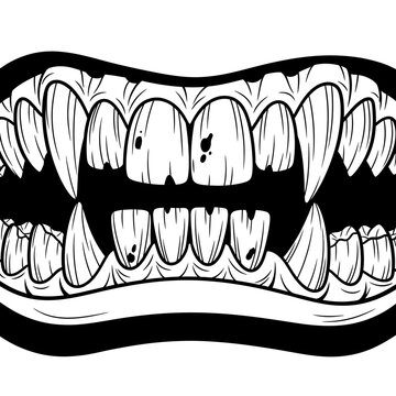 Graphic illustration of a bared set of sharp teeth in black and white