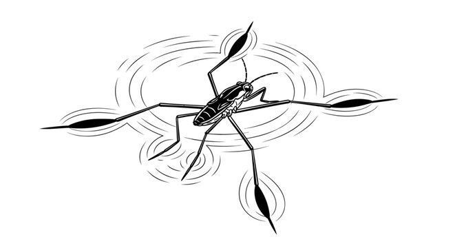 Ink illustration of a water strider on rippled water surface