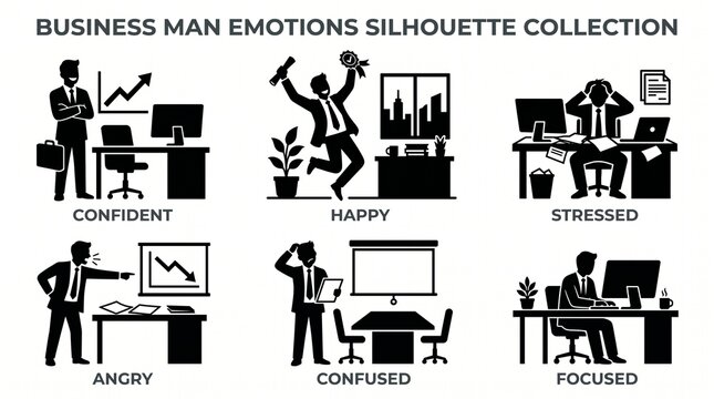 Business Man Emotion Silhouette Collection &ndash; Corporate Human Expression Set Showing Success, Stress, Thinking and Leadership Vector Illustration