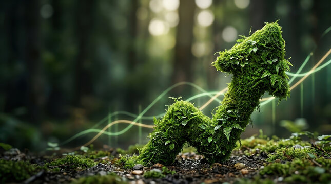 Green arrow made of moss and leaves in forest symbolizes sustainable finance trend growing naturally with environmental focus and eco friendly investment rising steadily