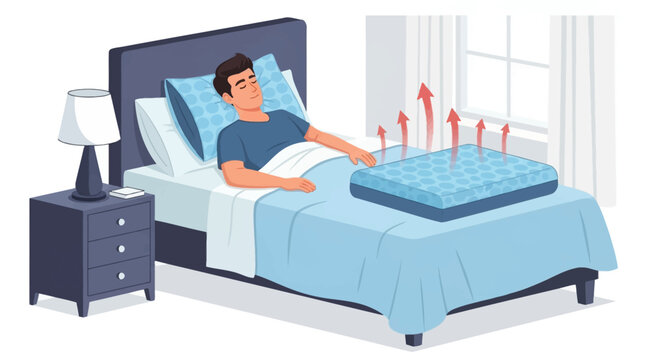 Vector illustration of a man sleeping peacefully in a bedroom, featuring a cooling gel mattress topper pad with heat dissipation indicated by red arrows for temperature control.