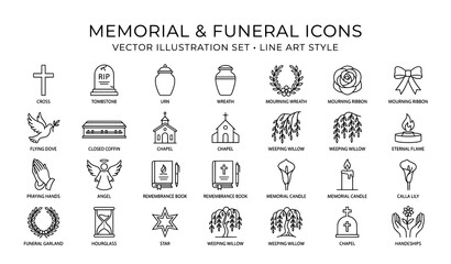Memorial and funeral icons collection with cross tombstone urn dove chapel angel floral motifs, weeping willow © ROP