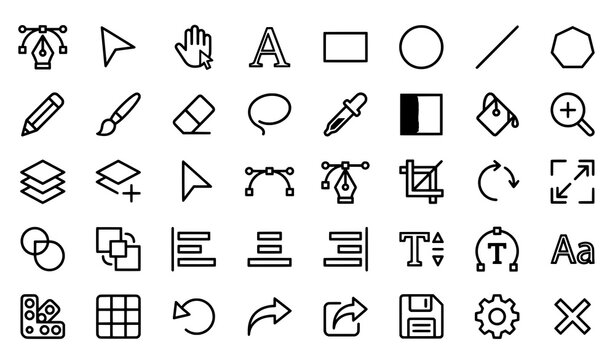 Graphic design tools icons set: vector illustration of editing and creation elements with letter a, crop tool