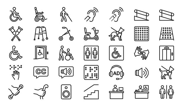 Accessibility and disability support icons: wheelchair walker cane crutches service dog elevator accessible