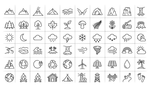 Nature and environment icons: mountains trees sun moon clouds water wind rainbow volcano earth recycling camp