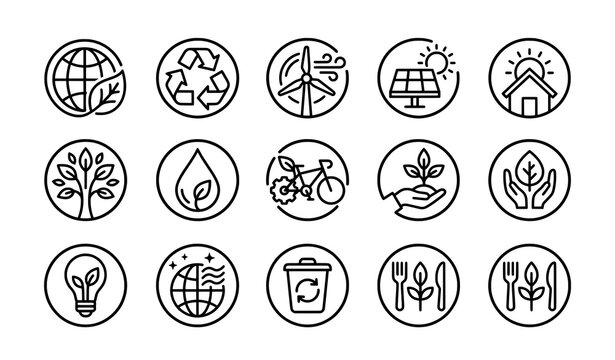 Eco-friendly and sustainability icons: globe with leaves recycling symbol wind turbine solar panel house tree