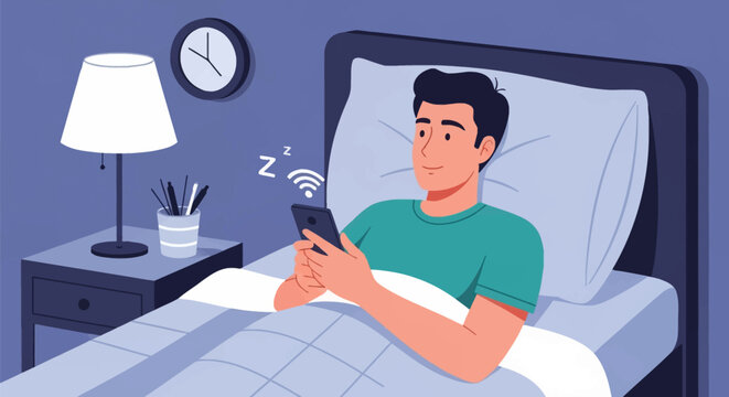 Vector illustration of a young man lying in bed at night using a sleep tracking application on his smartphone while a lamp glows on the bedside table and a clock hangs on the wall.