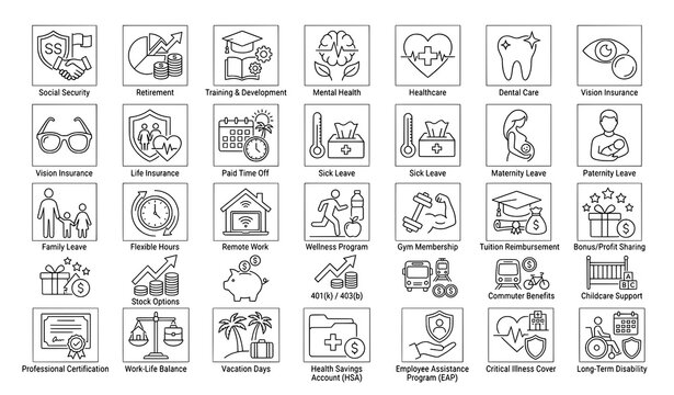 Benefits and perks icons including social security retirement healthcare paid time off childcare support