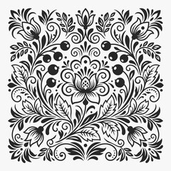 Fototapeta premium Elegant floral pattern in black and white. Symmetrical design with swirling vines and blossoms. Vector Illustration