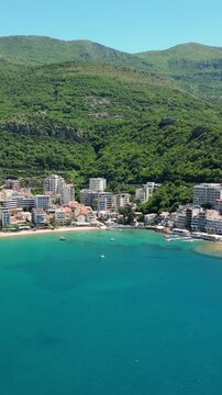 Aerial view of the coastline of the village of Rafailovići in Budva, Montenegro