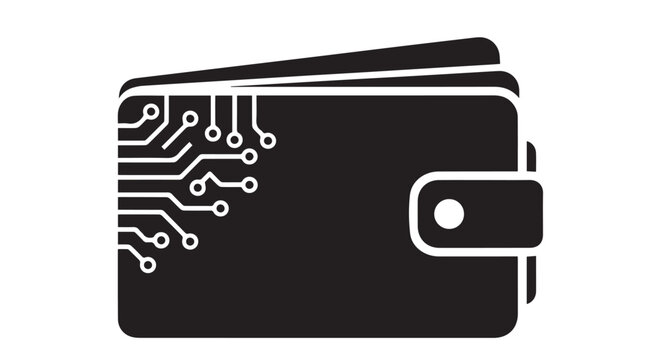 Digital crypto wallet icon with tech circuit tracks on white background