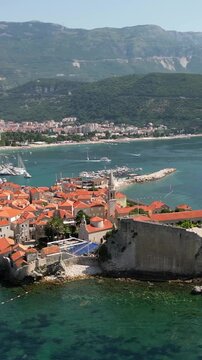Aerial view of budva old town and adriatic sea coast in montenegro