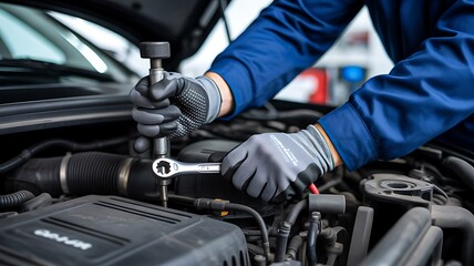 Fototapeta premium Car mechanic repairing vehicle engine in modern auto service workshop