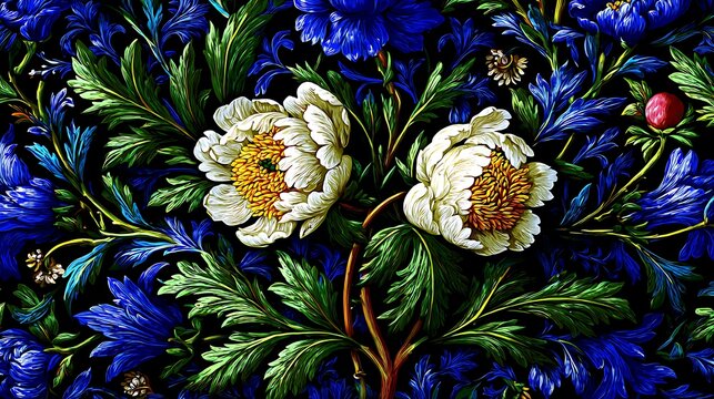Colorful floral pattern in the style of art nouveau 1900s, beautiful flowers and plants