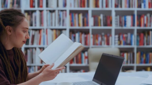 Curly-haired guy shares a textbook with his dreadlocked study partner during a focused library session. She reaches out to accept the book while both maintain a warm and collaborative learning vibe.