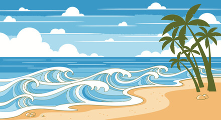 Obraz premium Beach scene illustration waves palm trees and blue ocean under clouds