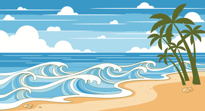 Beach scene illustration waves palm trees and blue ocean under clouds