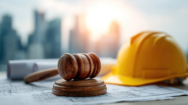 Close up of a judge's gavel and construction hard hat on blueprints.