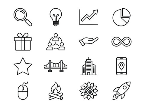 Vector icons of business ideas communication with magnifying glass, light bulb