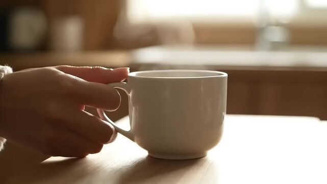 Close-up shot of a hand holding a white coffee mug in the kitchen.