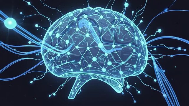 Interconnected glowing blue brains with neural pathways on dark background.