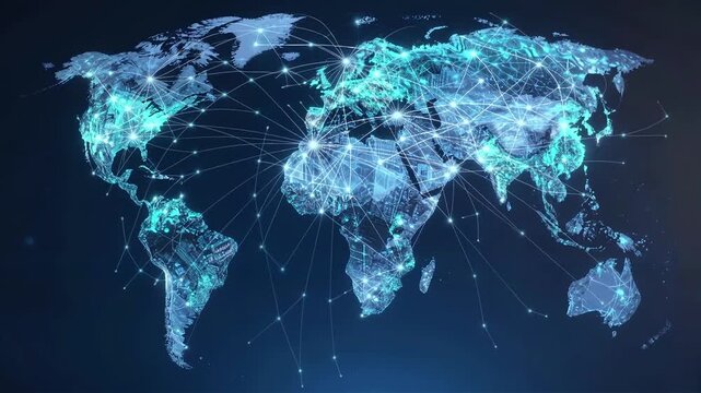 Illuminated world maps with interconnected glowing dots on dark background.
