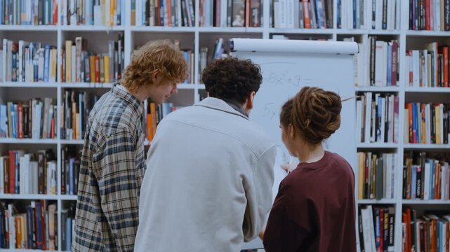 Collaborative Library Study Session with Girl Explaining Equation on Whiteboard