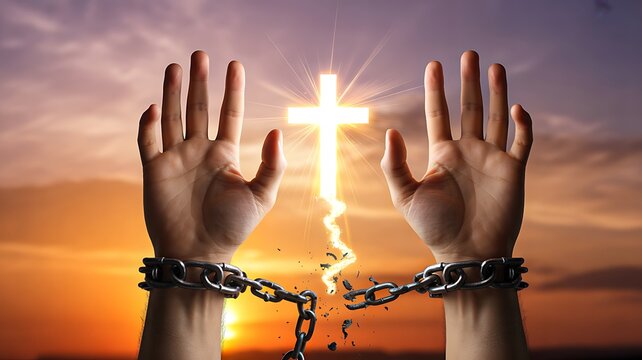 Christian faith concept with broken chains and glowing cross at sunset sky