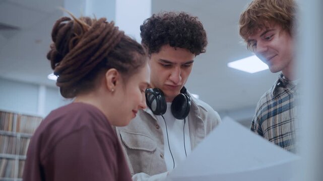 Multicultural student team works together on a difficult university project, combining their unique strengths and knowledge. One student explains a concept while others take notes and ask
