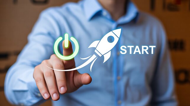 Business startup concept with rocket launch and power button activation