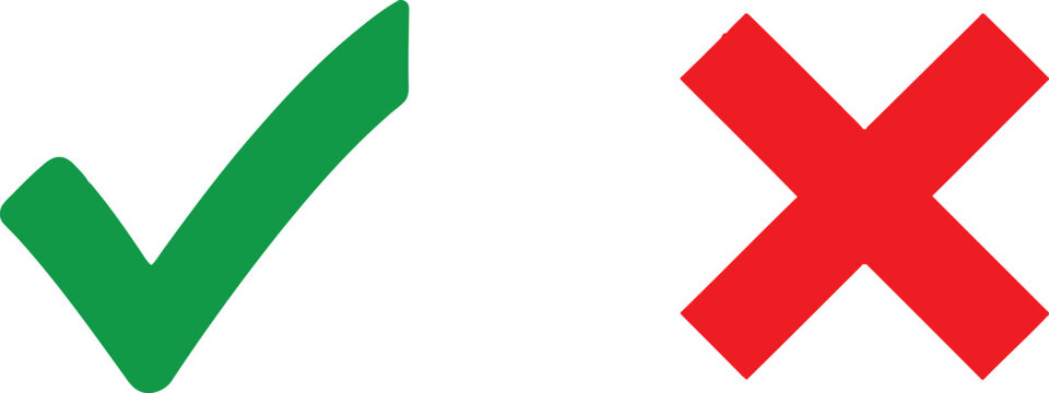 Green check mark and red cross mark symbols for choice and survey feedback selection icons Vector
