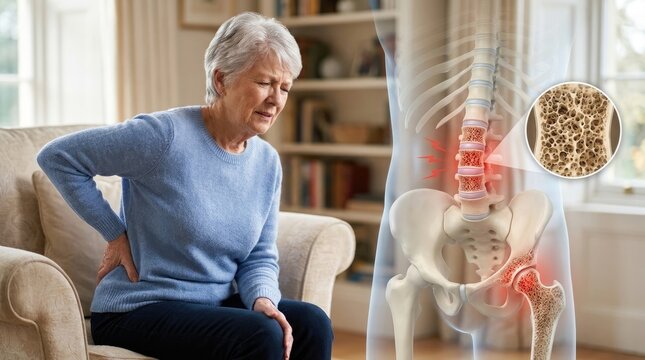 Aging body weakness: senior female, suffer ache, bone density, fragile structure, lumbar discomfort, hip affliction, skeletal anatomy, medical concern.