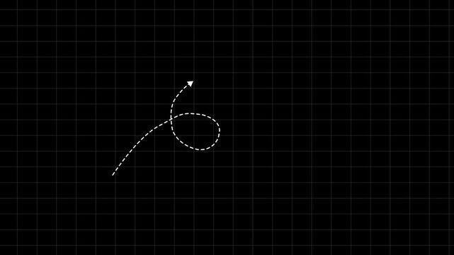 Dashed curved arrow pointing downwards on a black grid background dotted line