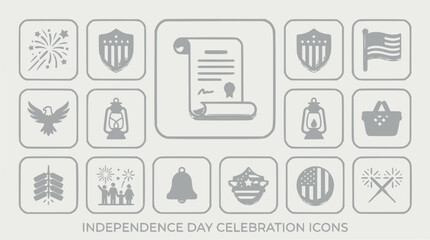 Fototapeta premium USA Independence Day Celebration Icons - Fireworks, Flag, Eagle, Scroll, Bell