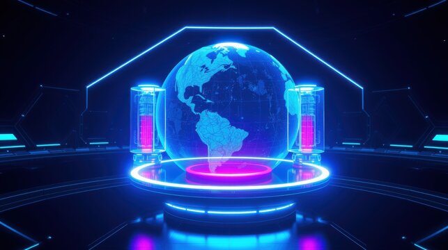 Futuristic scene depicts glowing Earth within neon structure. Digital gridlines overlay globe, creating hightech ambiance. Dark background emphasizes bright colors.