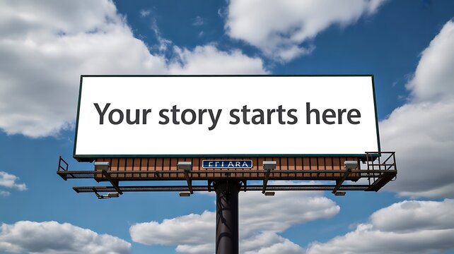 Your story starts here message on billboard against blue sky background