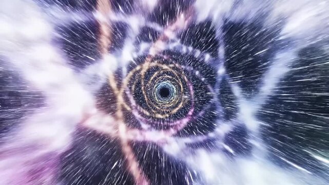 A vibrant, swirling vortex of light and color suggests a journey through hyperspace or a wormhole, creating a sense of speed and cosmic wonder.