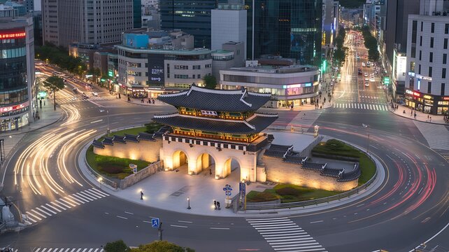 Historic city gate surrounded by modern skyline and traffic light trails