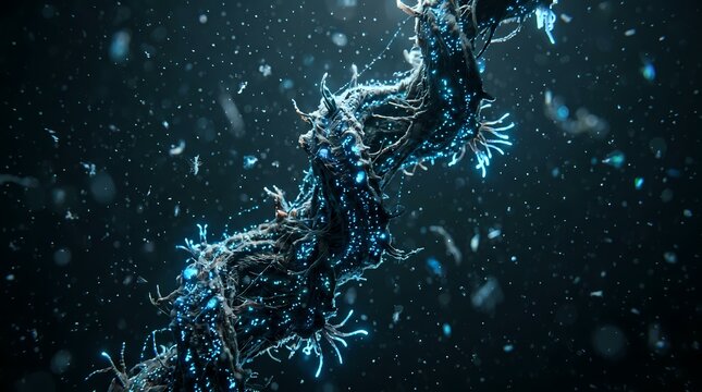 DNA Helix Structure with Blue Particles on Dark Gradient