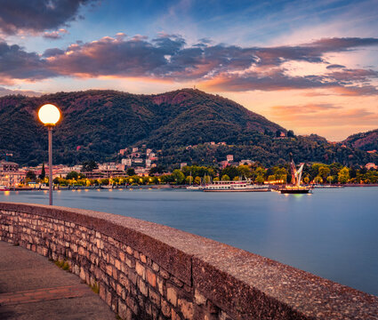Splendid morning cityscape of Como town. Wonderful summer scene of Como lake. Beautiful scenic lansdscape of Italy, Europe. Traveling concept background.