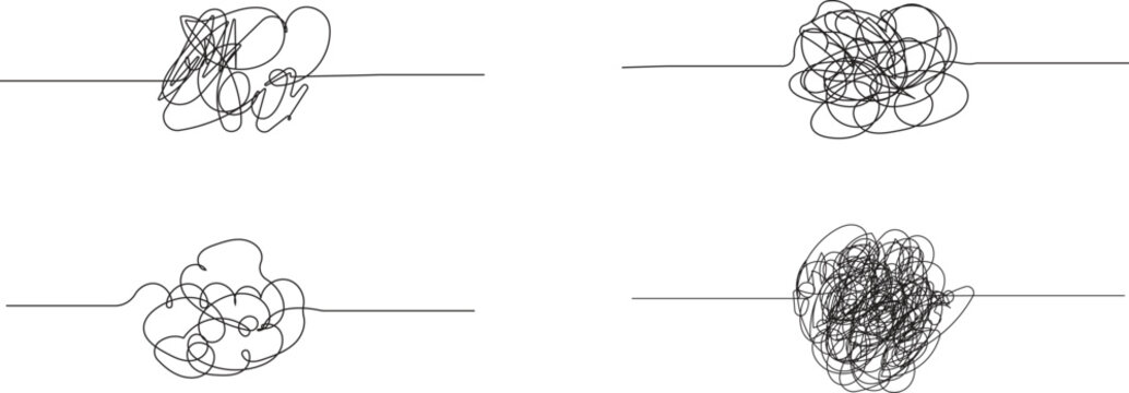 Abstract tangled scribble line collection representing confusion, stress and chaotic thinking concepts. Minimal continuous one line drawing set with messy loops and disorder shapes. Modern vector 
